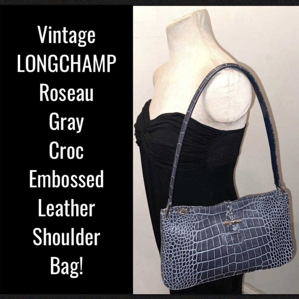 Vtg LONGCHAMP Roseau Gray Leather Shoulder Bag!